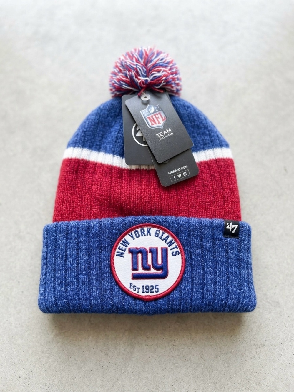 New York Giants Pom Beanie - Blue, Red & White